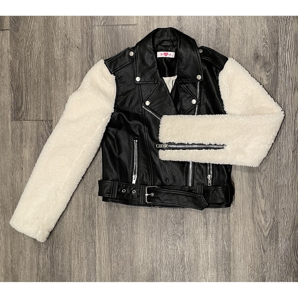 Buddylove Quinn Vegan Faux Leather Jacket Black Sherpa Sleeves Size Small Moto - Picture 2 of 9